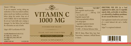 Solgar Vitamin C 1000 mg, 250 Vegetable Capsules - Antioxidant & Immune Support - Overall Health - Healthy Skin & Joints - Bioflavonoids Supplement - Non GMO, Vegan, Gluten Free, Kosher - 250 Servings