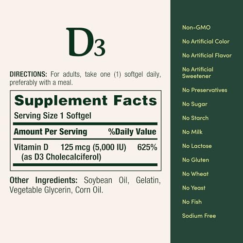 Nature's Bounty Vitamin D3, Immune Support, 125 mcg (5000iu), Rapid Release Softgels, 240 Ct