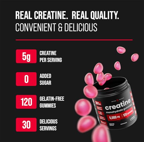 Creatine Gummies for Men & Women - 5g Sugar Free Chewable Creatine Monohydrate Gummies - Supports Protein Synthesis, Muscle Recovery & Workout Performance - 120 Creatine Gummy Chews