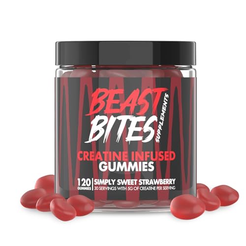 BEAST BITES - Creatine Bites - 5g Creatine Monohydrate Per Serving - No Sugar or Artificial Colors - Low-Calorie, Vegan & Halal - Made in The USA - Strawberry Flavor - 30 Gummies