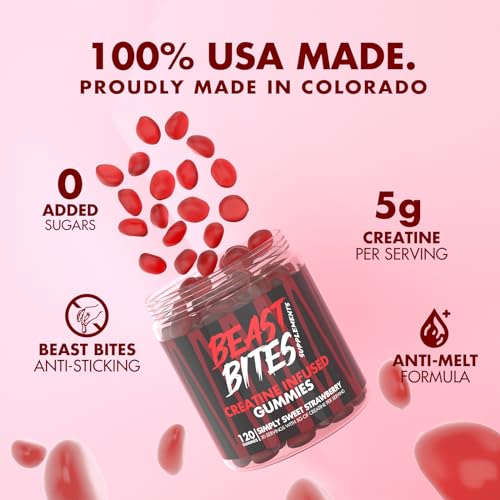 BEAST BITES - Creatine Bites - 5g Creatine Monohydrate Per Serving - No Sugar or Artificial Colors - Low-Calorie, Vegan & Halal - Made in The USA - Strawberry Flavor - 30 Gummies