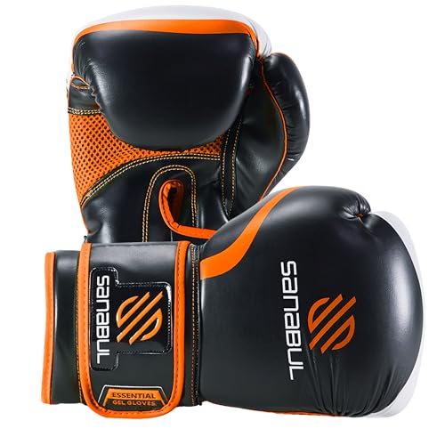 Sanabul Essential Gel Boxing Gloves Kickboxing Gloves for Men & Women Boxing Training & Sparring Gloves Muay Thai and Heavy Bag Training - Black/Orange, 10 oz