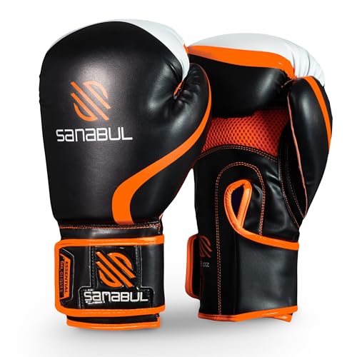 Sanabul Essential Gel Boxing Gloves Kickboxing Gloves for Men & Women Boxing Training & Sparring Gloves Muay Thai and Heavy Bag Training - Black/Orange, 10 oz