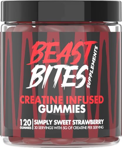 BEAST BITES - Creatine Bites - 5g Creatine Monohydrate Per Serving - No Sugar or Artificial Colors - Low-Calorie, Vegan & Halal - Made in The USA - Strawberry Flavor - 30 Gummies