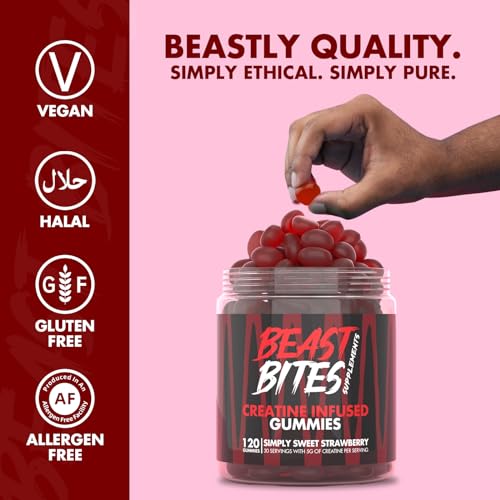 BEAST BITES - Creatine Bites - 5g Creatine Monohydrate Per Serving - No Sugar or Artificial Colors - Low-Calorie, Vegan & Halal - Made in The USA - Strawberry Flavor - 30 Gummies