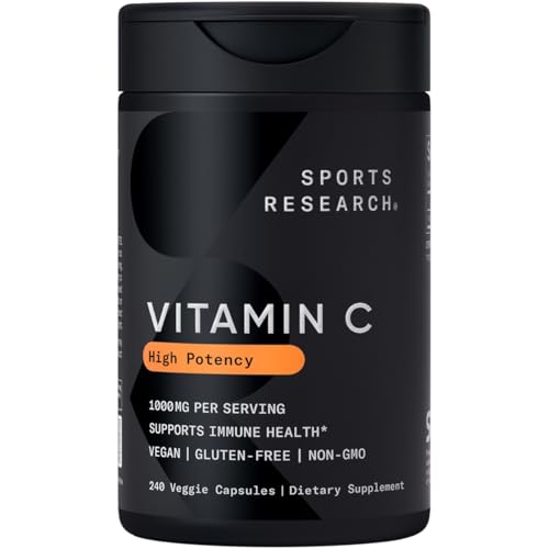 Sports Research High Potency Vitamin C Supplement - Vegan Veggie Capsules for Antioxidant Activity & Immune Support - Non-GMO Verified & Gluten Free - Ascorbic Acid Vitamin C 1000mg, 240 Count