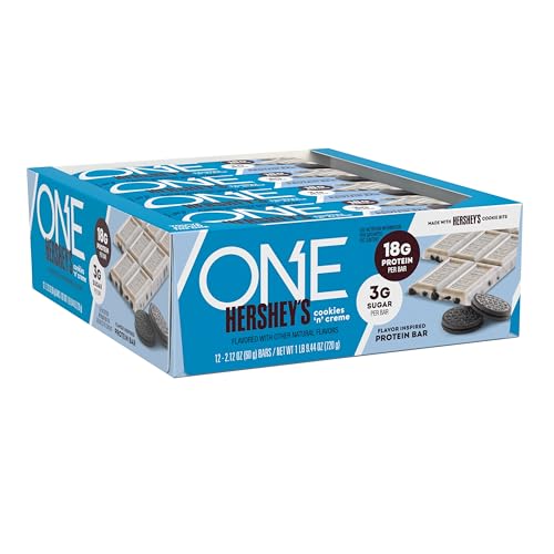 ONE Protein Bars, Hershey's Cookies 'n' Creme, Gluten Free with 18g Protein and 3g Sugar, Pantry Staples, 2.12 oz (12 Count)