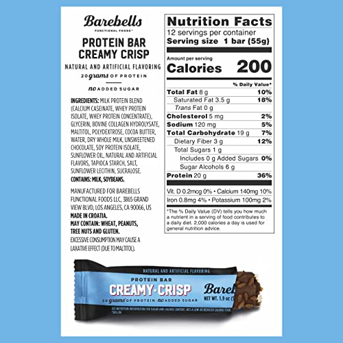 Barebells Protein Bars, Creamy Crisp - 12 Count, 1.94oz Bars with 20g of High Protein - Chocolate Protein Bar with 1g of Total Sugars - Perfect on The Go Protein Snack & Breakfast Bar