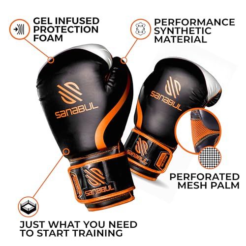 Sanabul Essential Gel Boxing Gloves Kickboxing Gloves for Men & Women Boxing Training & Sparring Gloves Muay Thai and Heavy Bag Training - Black/Orange, 10 oz