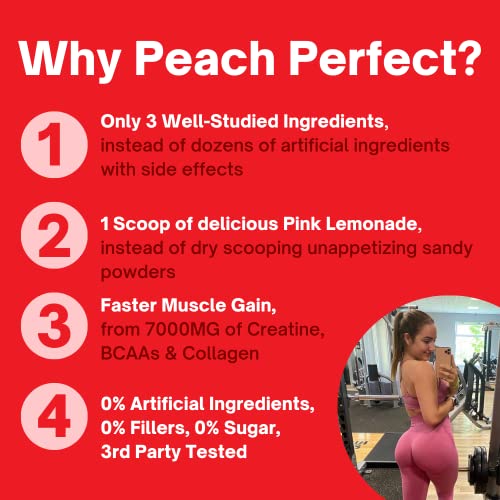 Peach Perfect Creatine Monohydrate Powder, Pink Lemonade, Glute Builder Creatine for Women with Collagen, BCAAs, 5g Vegan Micronized Creatine per Serving, for Energy, Muscle Support, 30 Servings