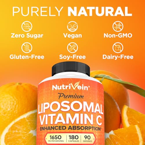 Nutrivein Liposomal Vitamin C 1650mg - 180 Capsules - High Absorption Ascorbic Acid - Supports Immune System & Collagen Booster - Powerful Antioxidant