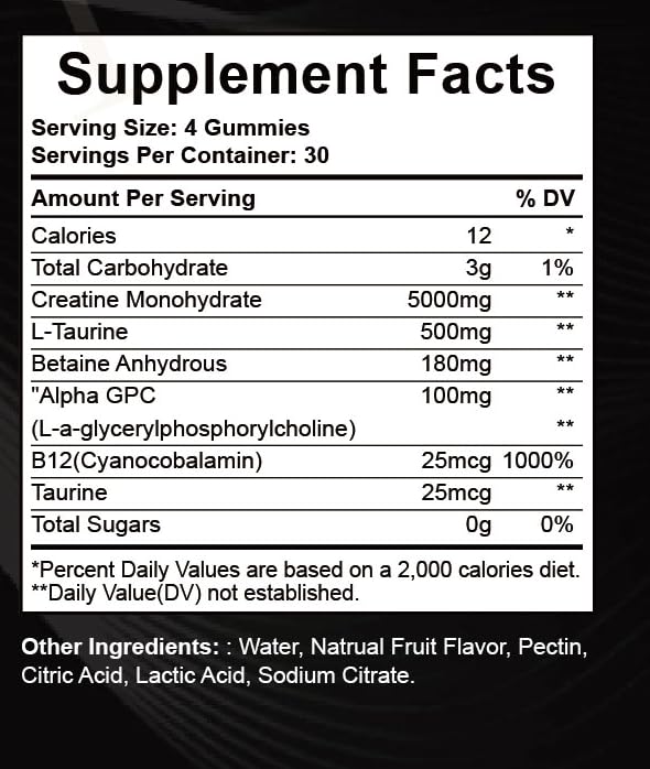 Creatine Monohydrate Gummies 120 for Men & Women- 5g, Sugar-Free Pre-Workout Gummy W/L-Taurine, Betaine Anhydrous, Alpha GPC, Vitamin B12, Chewable Gummies for Muscle Strength & Energy Boost (1 Pack)