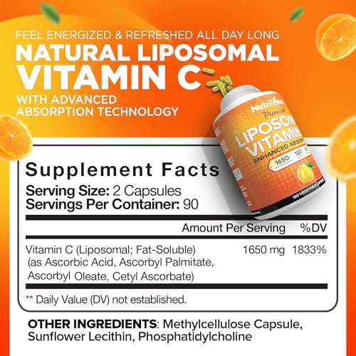 Nutrivein Liposomal Vitamin C 1650mg - 180 Capsules - High Absorption Ascorbic Acid - Supports Immune System & Collagen Booster - Powerful Antioxidant