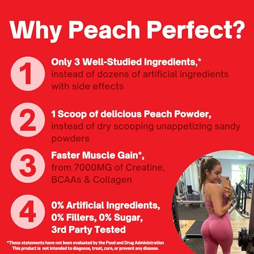 Peach Perfect Creatine Monohydrate Powder, Pink Lemonade, Glute Builder Creatine for Women with Collagen, BCAAs, 5g Vegan Micronized Creatine per Serving, for Energy, Muscle Support, 30 Servings