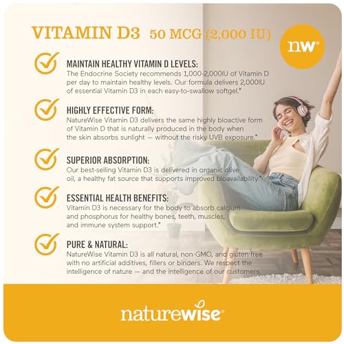 NatureWise Vitamin D3 2000iu (50 mcg) Healthy Muscle Function, and Immune Support, Non-GMO, Gluten Free in Cold-Pressed Olive Oil, Packaging Vary ( Mini Softgel), 360 Count(Pack of 1)