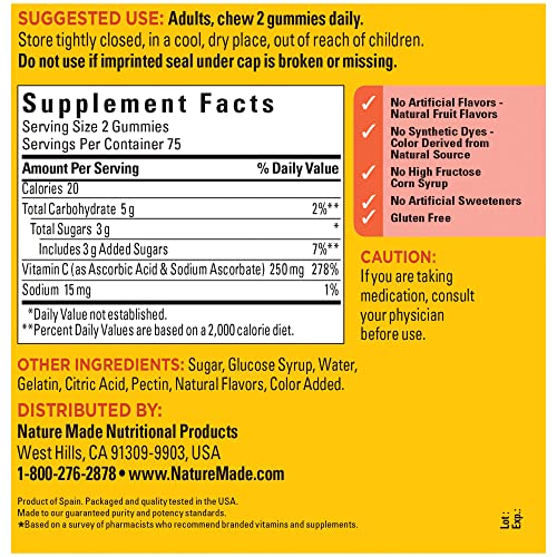 Nature Made Vitamin C 250 mg per serving, Dietary Supplement for Immune Support, 150 Gummies, 75 Day Supply