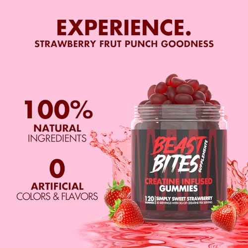 BEAST BITES - Creatine Bites - 5g Creatine Monohydrate Per Serving - No Sugar or Artificial Colors - Low-Calorie, Vegan & Halal - Made in The USA - Strawberry Flavor - 30 Gummies