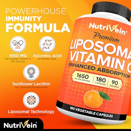 Nutrivein Liposomal Vitamin C 1650mg - 180 Capsules - High Absorption Ascorbic Acid - Supports Immune System & Collagen Booster - Powerful Antioxidant