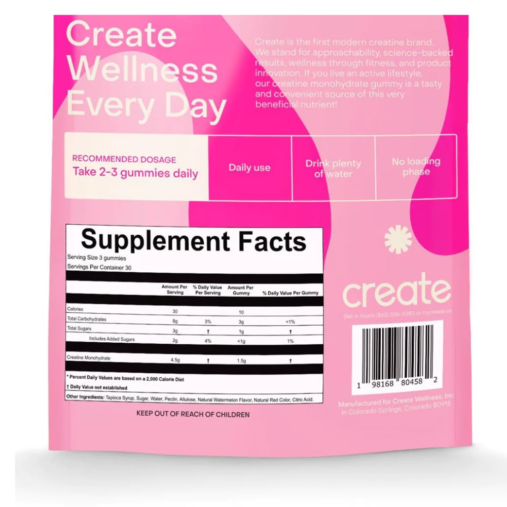 Create Creatine Monohydrate Gummies for Men & Women - Boost Focus, Strength, and Endurance, Anti-Melting Formula, Vegan, Gluten-Free, Non-GMO, 1.5 Gram Creatine per Gummy (Watermelon, 90 ct)