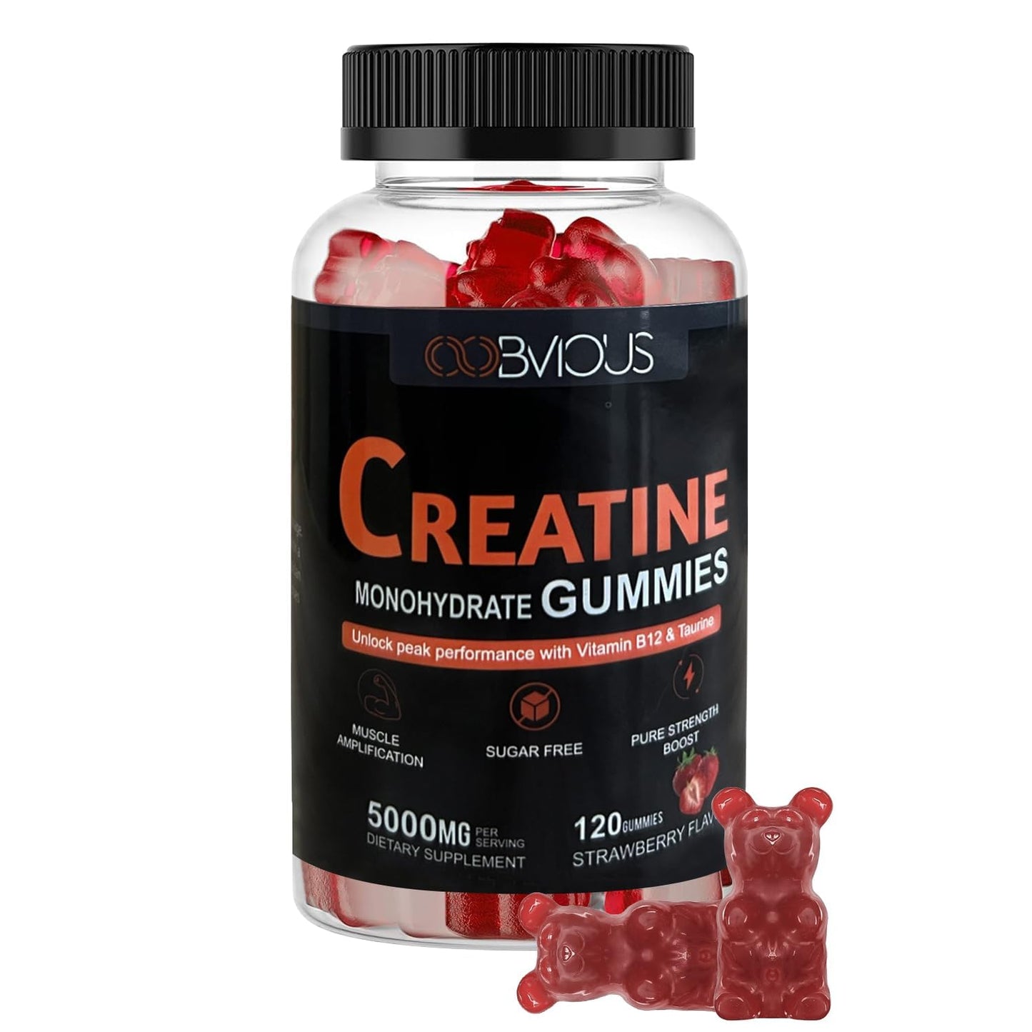 Creatine Monohydrate Gummies 120 for Men & Women- 5g, Sugar-Free Pre-Workout Gummy W/L-Taurine, Betaine Anhydrous, Alpha GPC, Vitamin B12, Chewable Gummies for Muscle Strength & Energy Boost (1 Pack)