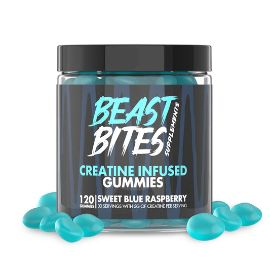 BEAST BITES - Creatine Bites - 5g Creatine Monohydrate Per Serving - No Sugar or Artificial Colors - Low-Calorie, Vegan & Halal - Made in The USA - Blue Raspberry Flavor - 30 Gummies