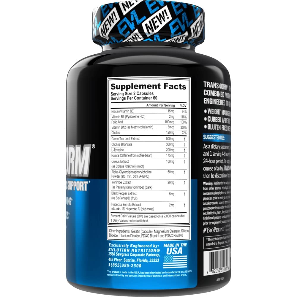 EVL Thermogenic Fat Burner Support - Fast Acting Weight Loss Energy and Appetite Support - Trans4orm Green Tea Fat Burner and Weight Loss Support Supplement for Men and Women - 60 Servings