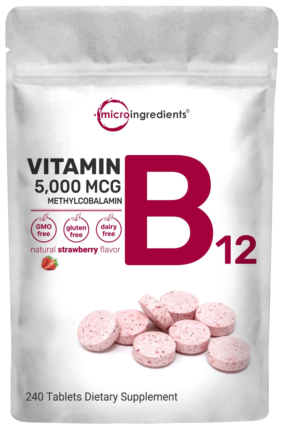 Micro Ingredients Vitamin B12 5000mcg | Methyl B12 Active Form – 240 Chewable Tablets | Fast Dissolve, Natural Strawberry Flavor, Support Energy, Metabolism Health | Vegan, Non-GMO, & No Glute