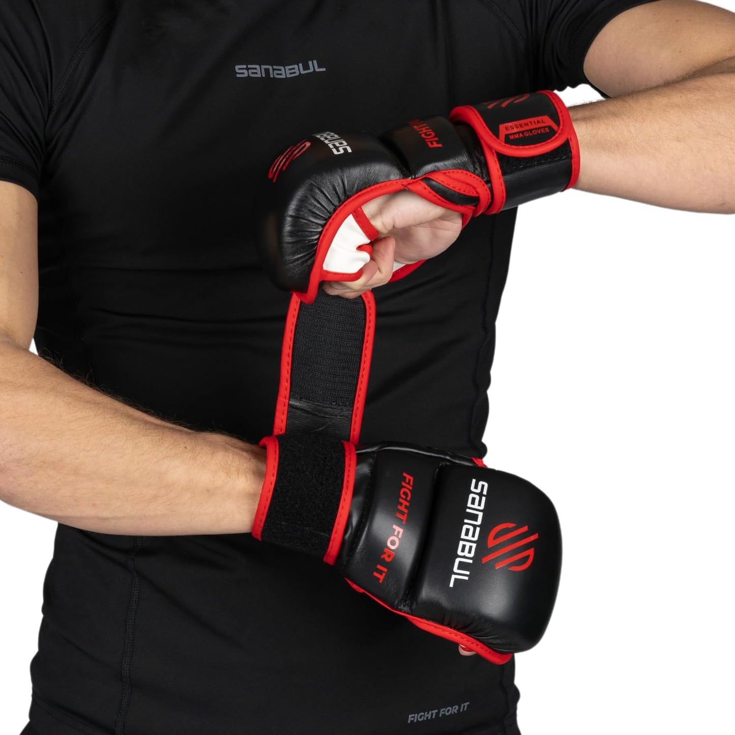 Sanabul Essential 7 oz MMA Gloves Men & Women | Gloves for Martial Arts Sparring & Training Gloves | Hybrid MMA Kick Boxing Gloves Men | Grappling Gloves (Black/Red, Large/X-Large)