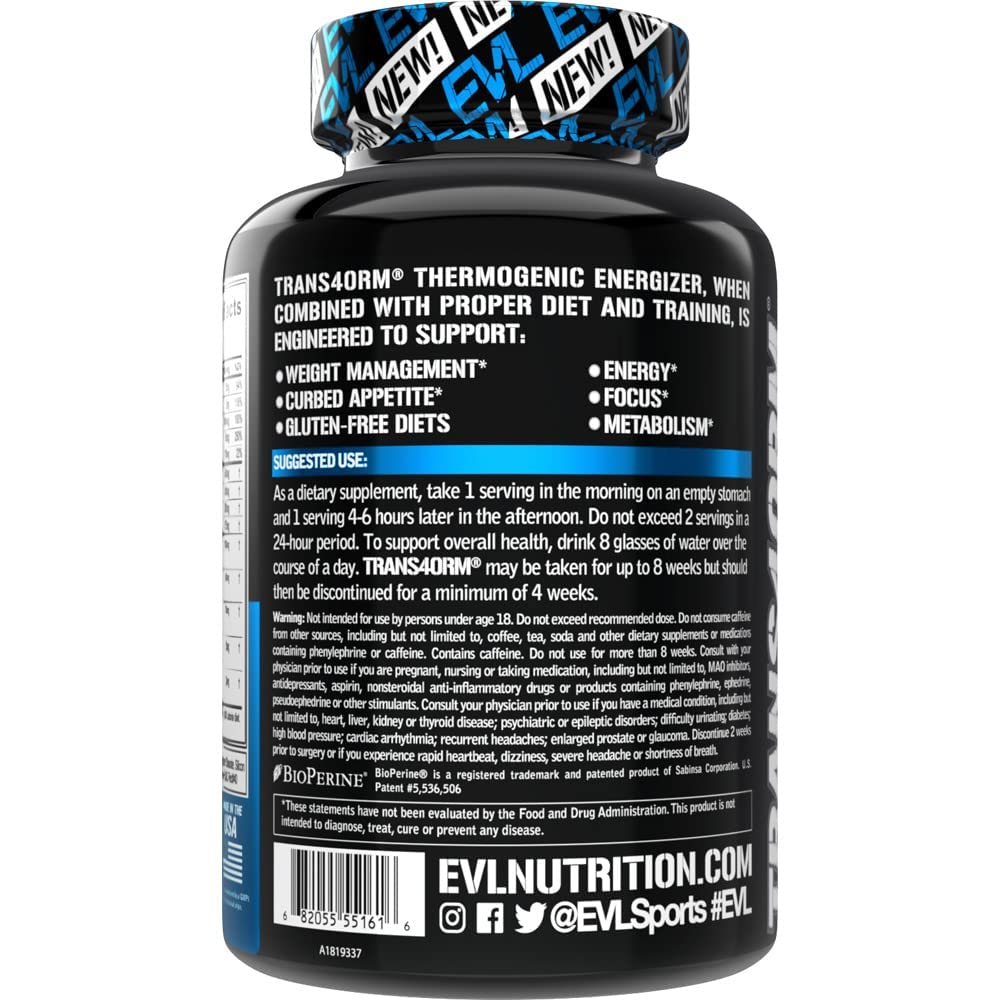 EVL Thermogenic Fat Burner Support - Fast Acting Weight Loss Energy and Appetite Support - Trans4orm Green Tea Fat Burner and Weight Loss Support Supplement for Men and Women - 60 Servings