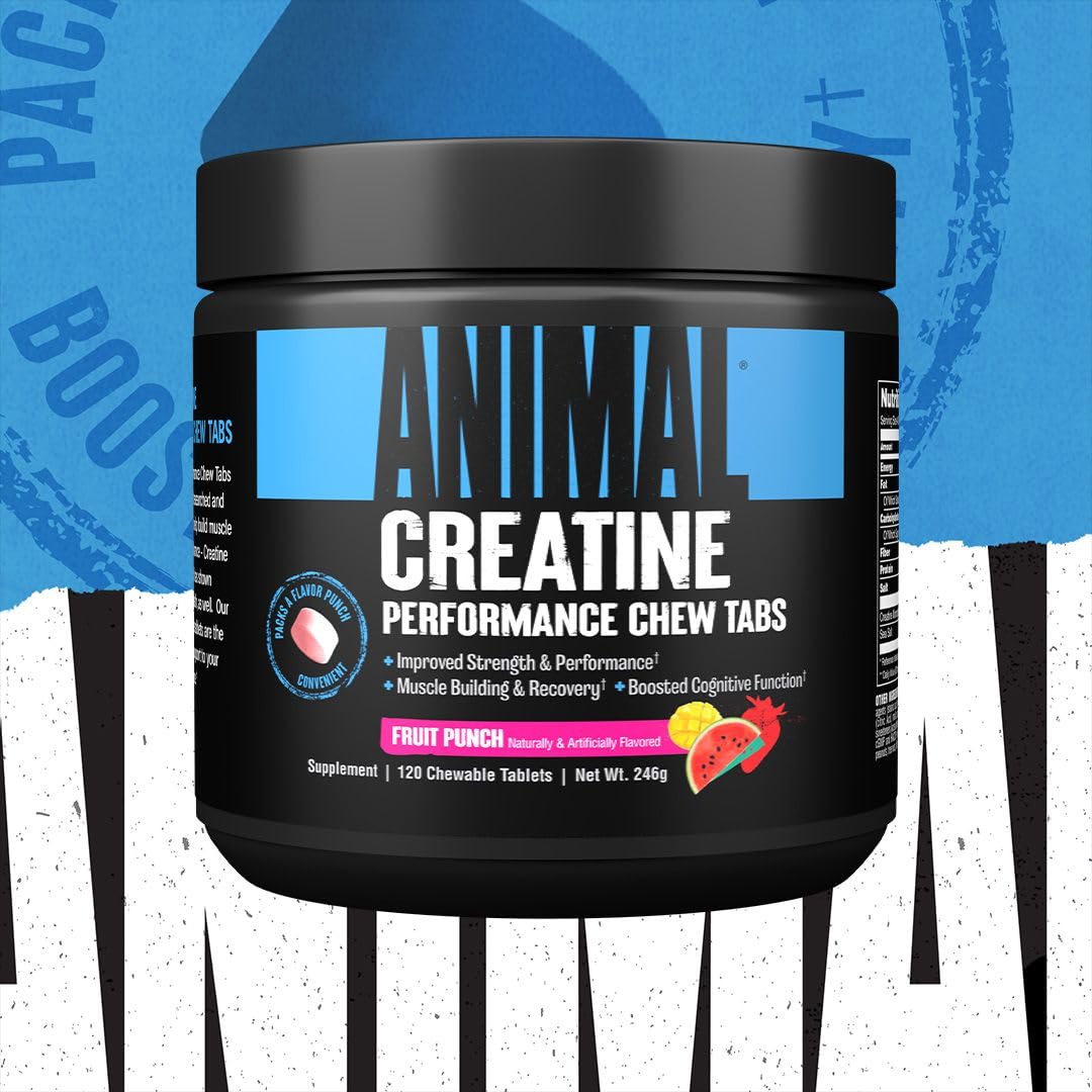 Animal Creatine Chews Tablets - Enhanced Creatine Monohydrate with AstraGin to Improve Absorption, Sea Salt for Added Pumps, Delicious and Convenient Chewable Tablets - Fruit Punch