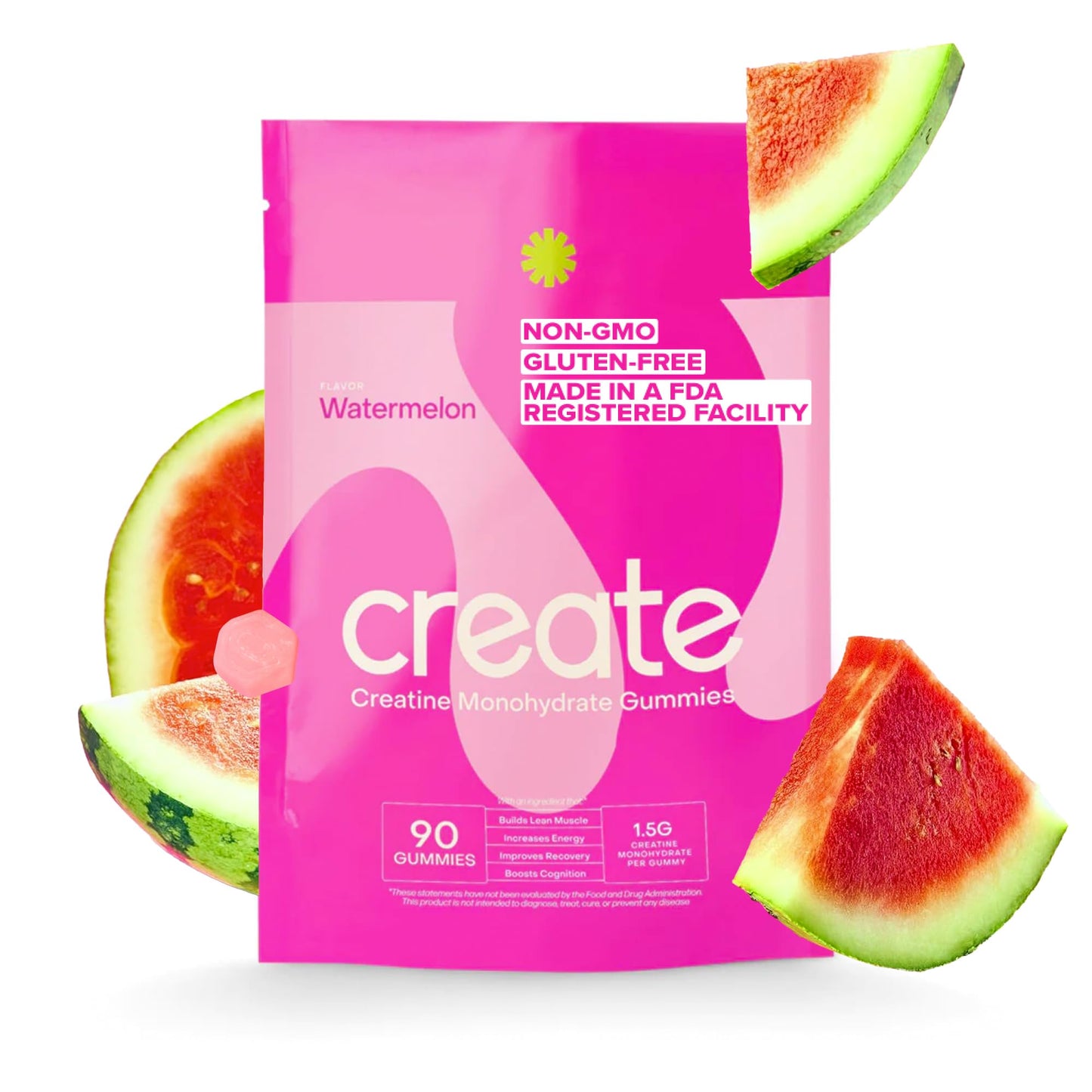 Create Creatine Monohydrate Gummies for Men & Women - Boost Focus, Strength, and Endurance, Anti-Melting Formula, Vegan, Gluten-Free, Non-GMO, 1.5 Gram Creatine per Gummy (Watermelon, 90 ct)