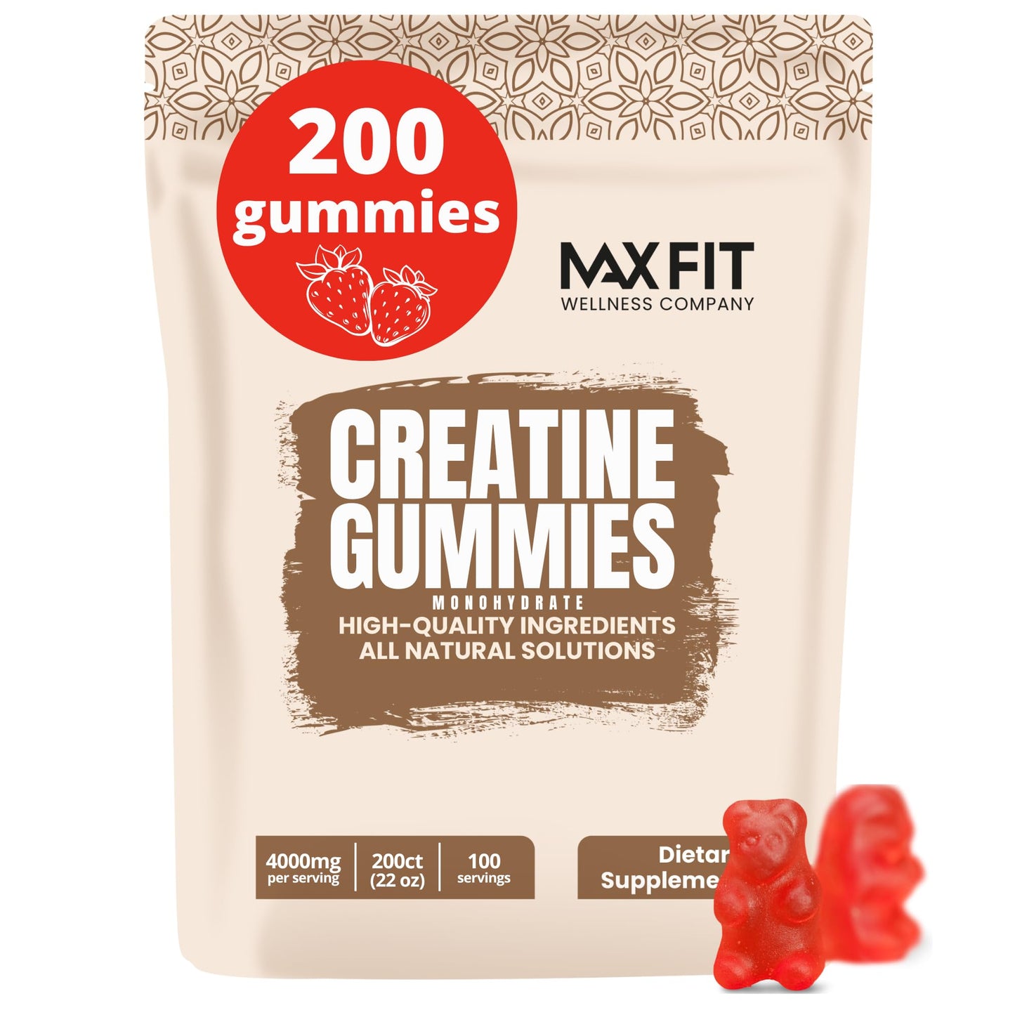 Creatine Gummies (200 Gummies/100 Servings) Creatine Monohydrate Gummies Strawberry Flavor Micronized Creatine Gummies, Fast Absorption 4000mg/Serving Creatine Supplement, Build Lean Muscle Mass