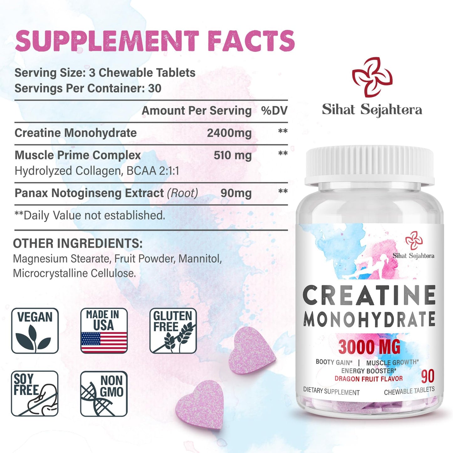 3000 MG Creatine Monohydrate for Women & Men, Creatine Pills with BCAA & Hydrolyzed Collagen Creatine Chews Tablets for Performance & Recovery, Strength, Dragon Fruit Flavor, 90 Tablets