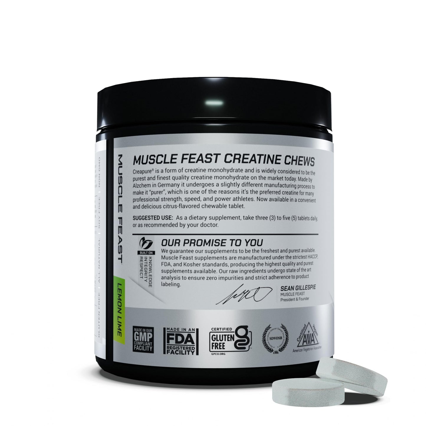 Muscle Feast Vegan Creatine Monohydrate, Gluten-Free Creapure Chews, Lemon Lime, 120 Tabs