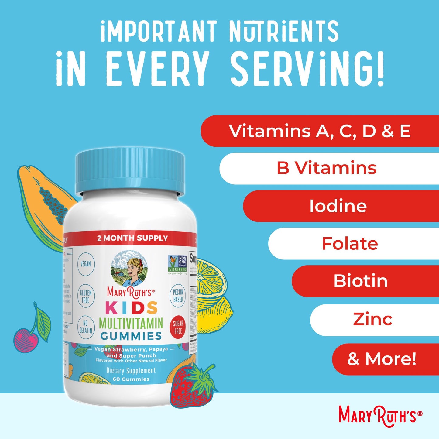 MaryRuth Organics Kids Vitamins | Multi | Sugar Free | 2 Month Supply | Kids Multivitamin Gummies for Ages 2+ | Multivitamin for Kids | Vitamins for Kids | Vegan | Only 1 Gummy a Day | 60 Count |