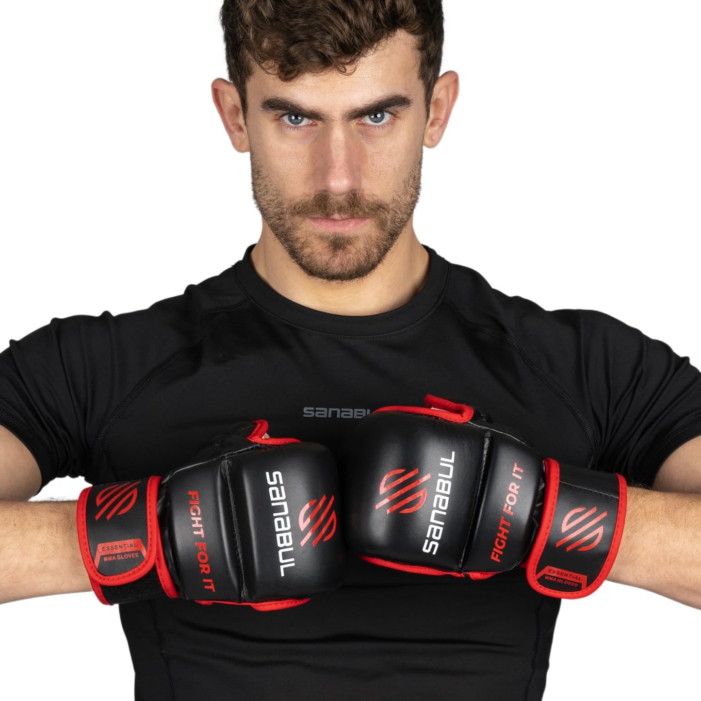 Sanabul Essential 7 oz MMA Gloves Men & Women | Gloves for Martial Arts Sparring & Training Gloves | Hybrid MMA Kick Boxing Gloves Men | Grappling Gloves (Black/Red, Large/X-Large)