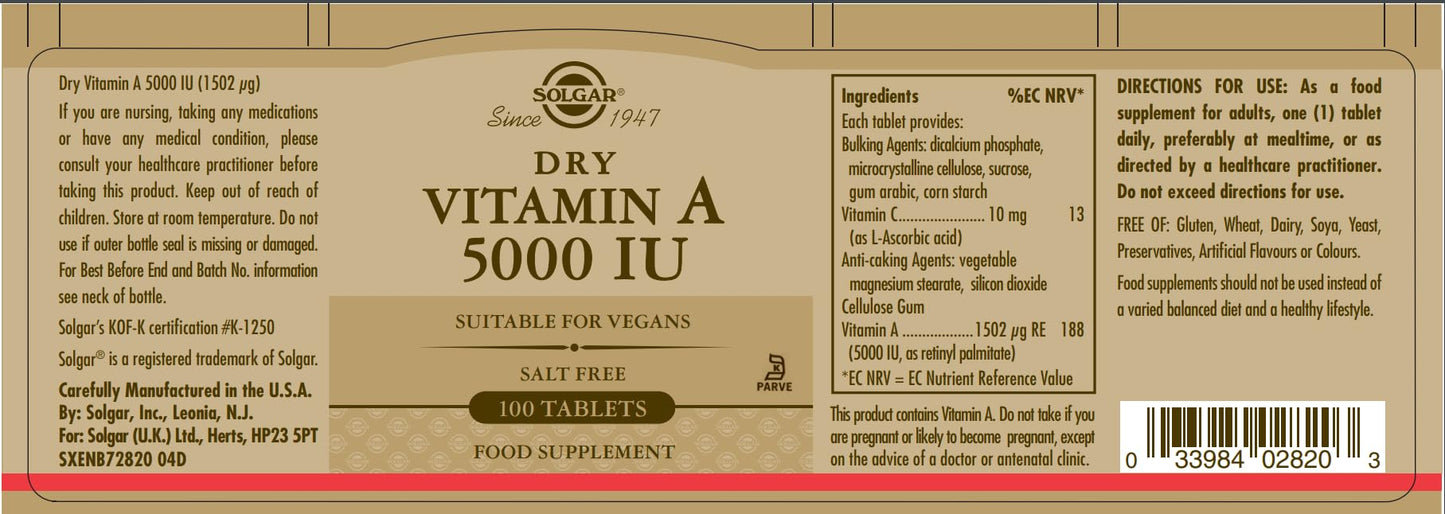 Solgar Dry Vitamin A 1500 mcg (5000 IU), 100 Tablets - Supports Healthy Eyes, Skin & Immune System - Non-GMO, Vegan, Gluten Free, Dairy Free, Kosher - 100 Servings