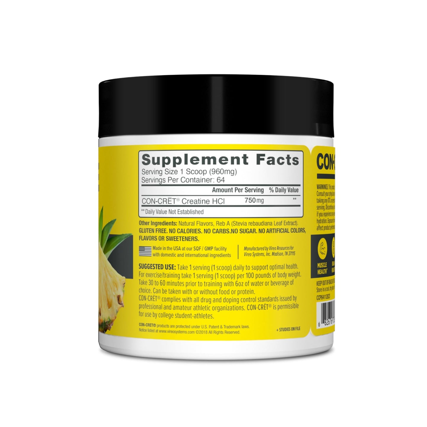 CON-CRET Creatine HCl Powder | Muscle, Cognitive, Cellular Energy Support | No Bloating or Cramps | USA Made & NSF Certified | Pineapple (64 Serving)