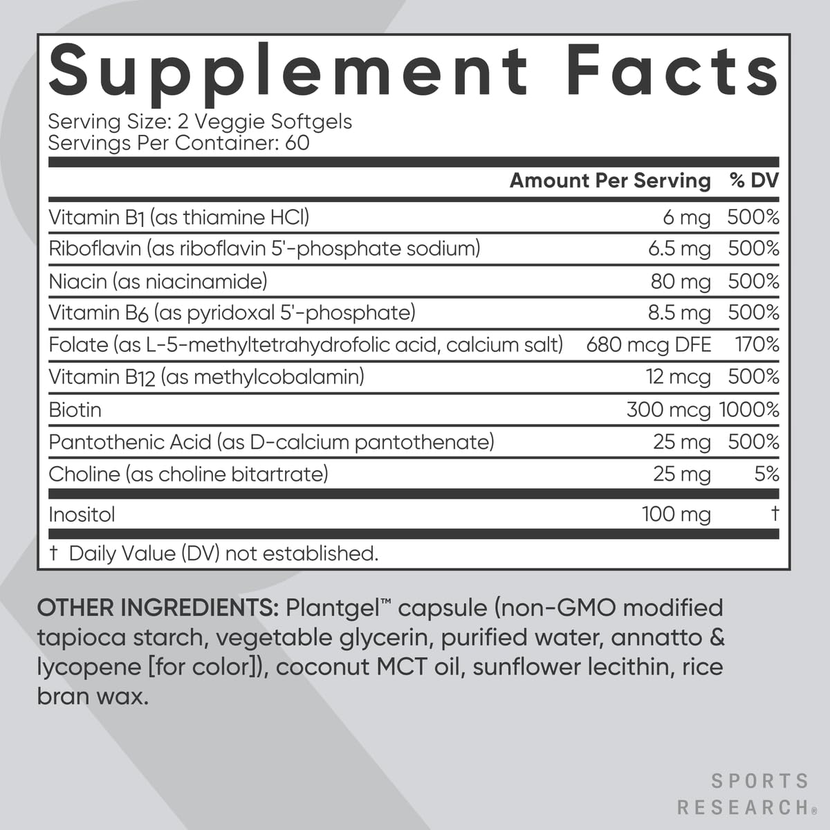 Sports Research Vitamin B-Complex - Full Spectrum of B Vitamins - Plant-Based Vegan-Friendly Formula - 120 Veggie Softgels