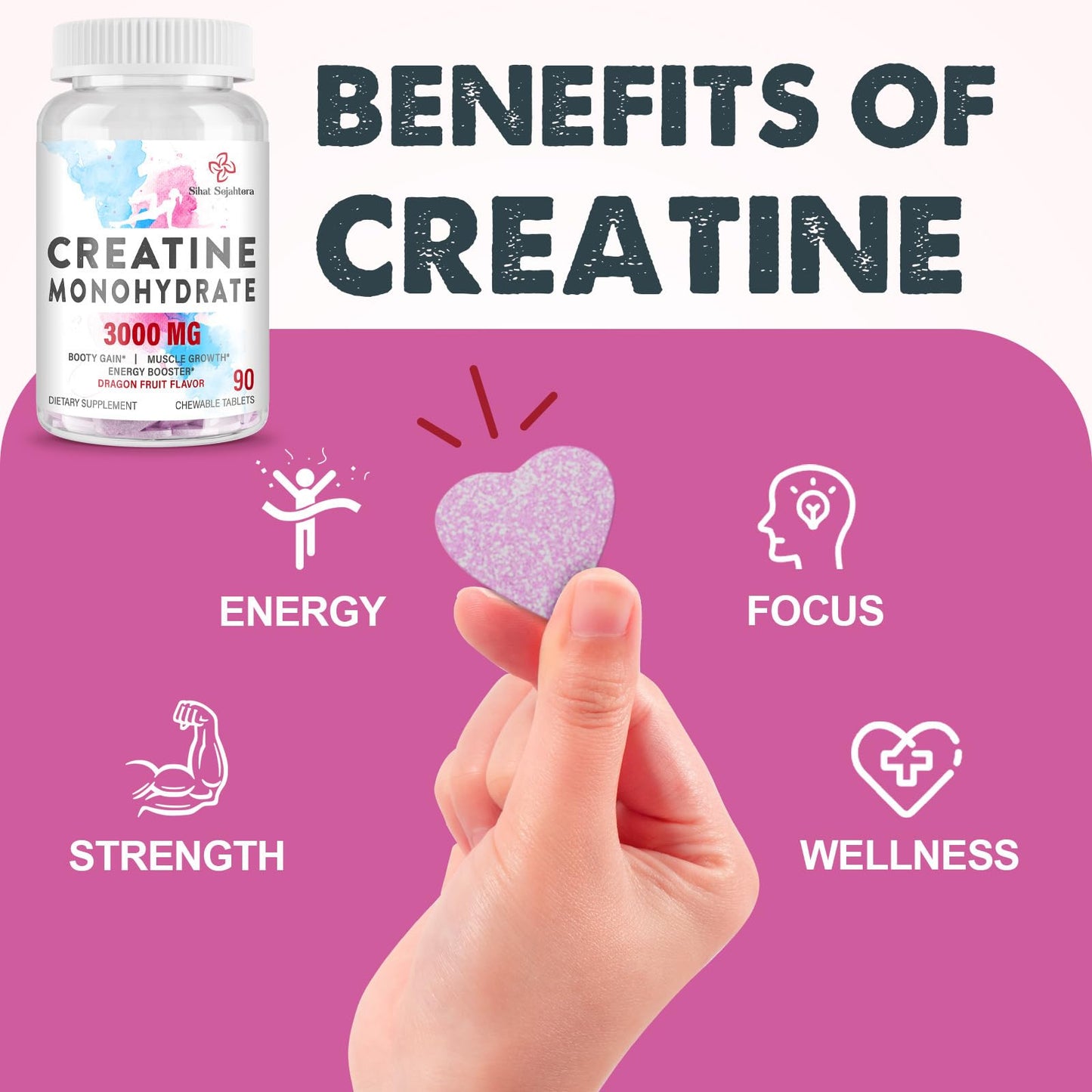 3000 MG Creatine Monohydrate for Women & Men, Creatine Pills with BCAA & Hydrolyzed Collagen Creatine Chews Tablets for Performance & Recovery, Strength, Dragon Fruit Flavor, 90 Tablets