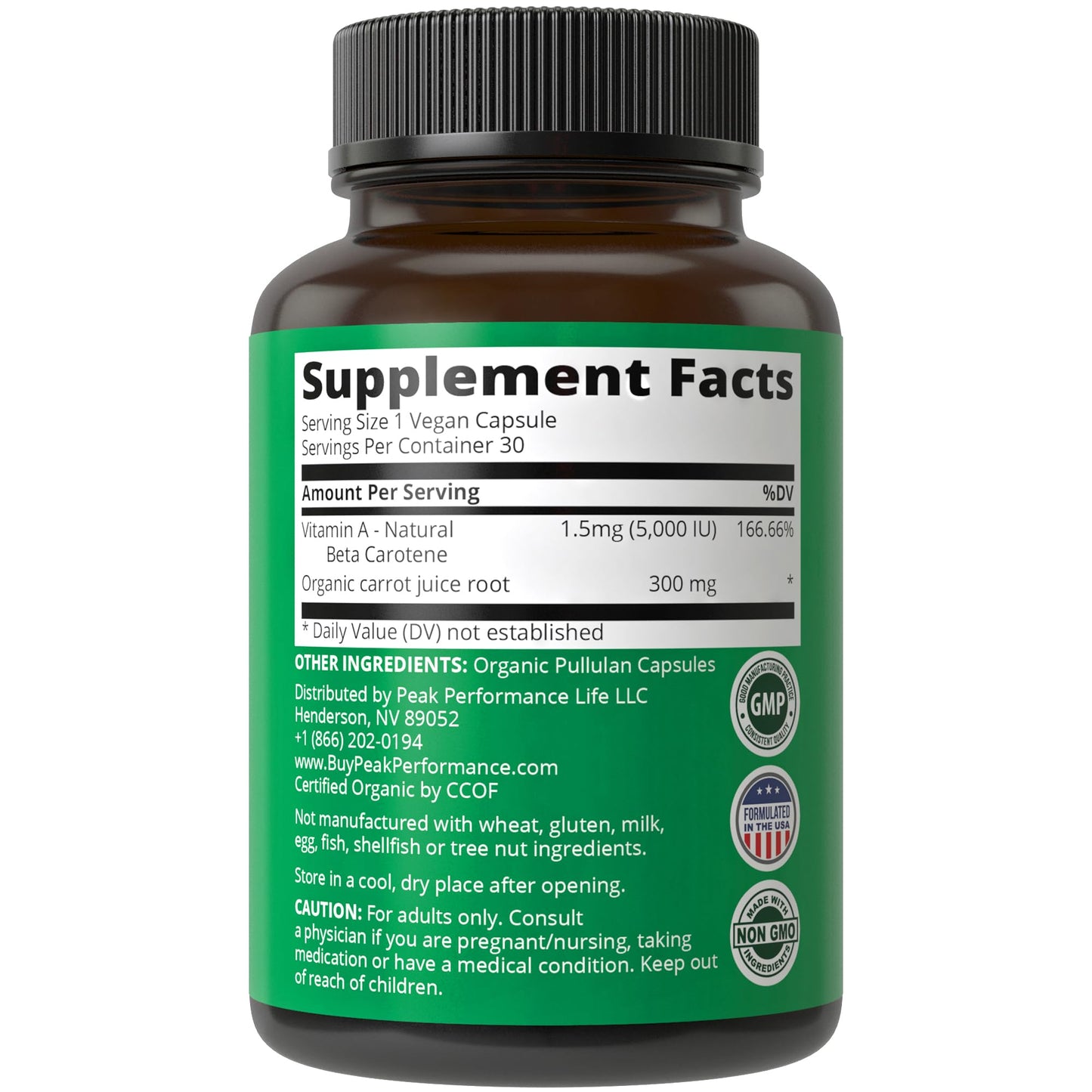 Peak Performance Certified Organic Vitamin A 5000 IU Supplement Capsules High Potency Vitamins Made with Organic Carrot Juice. Great for Immune, Skin, Eye Support. Non GMO, Vegan Pills, Tablets