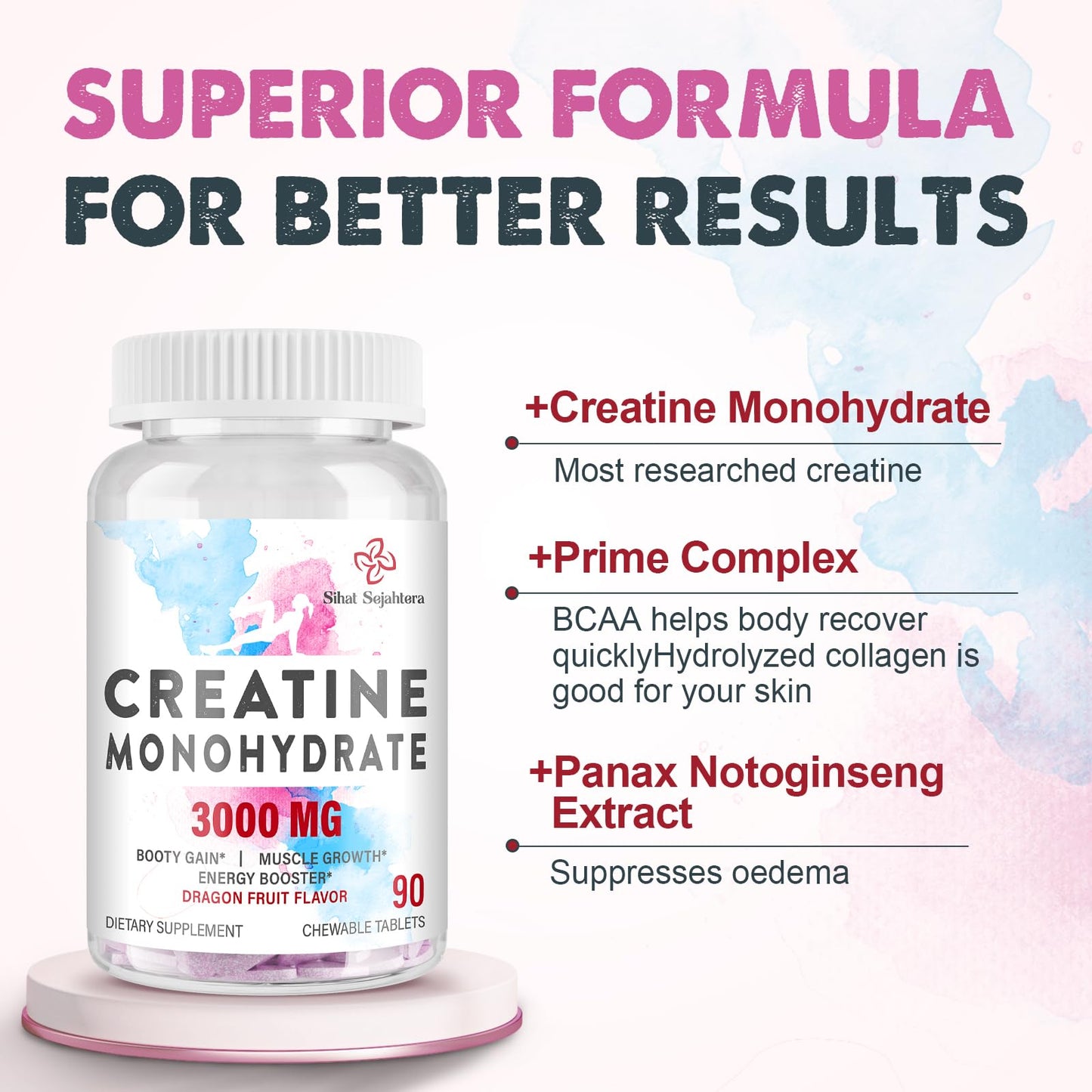 3000 MG Creatine Monohydrate for Women & Men, Creatine Pills with BCAA & Hydrolyzed Collagen Creatine Chews Tablets for Performance & Recovery, Strength, Dragon Fruit Flavor, 90 Tablets