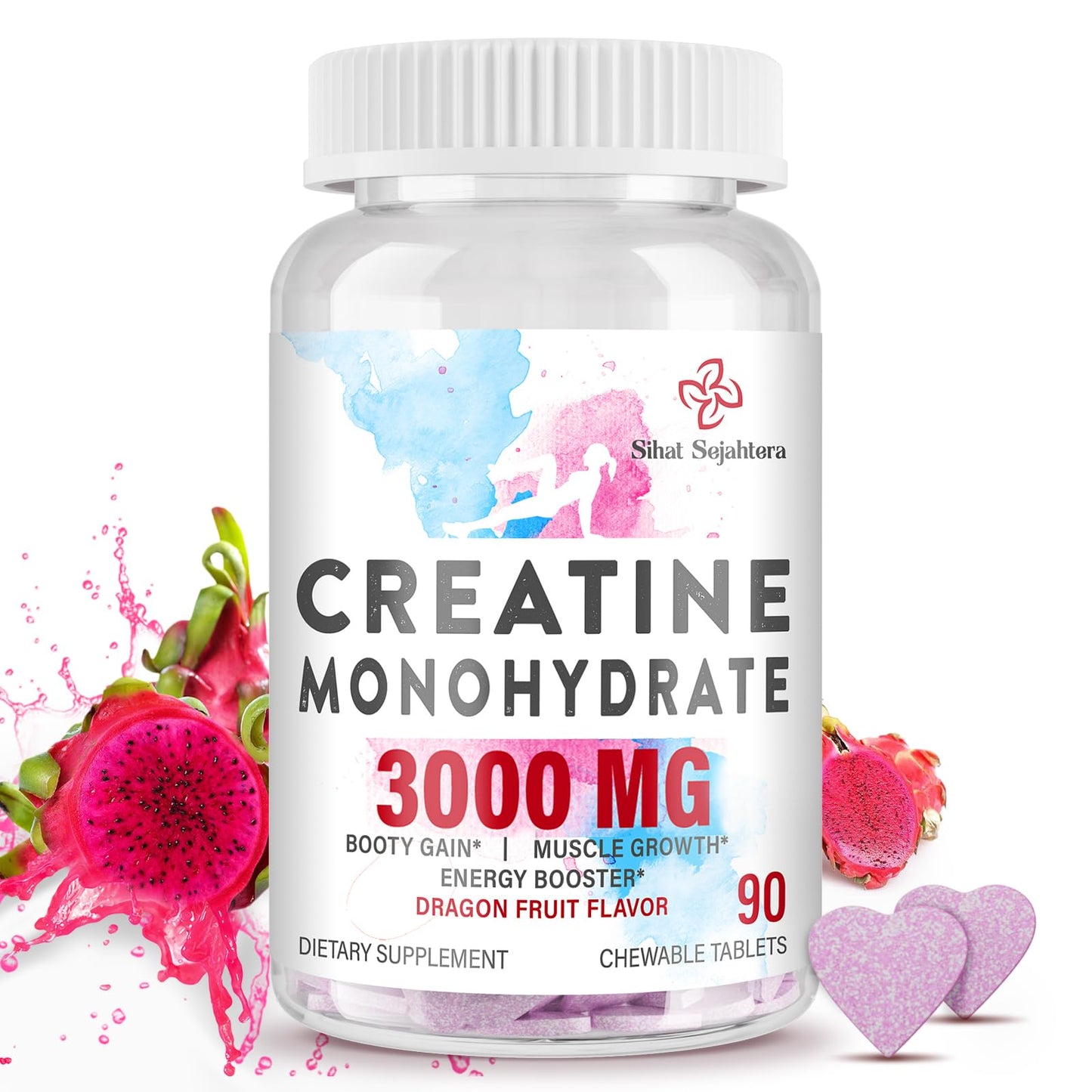 3000 MG Creatine Monohydrate for Women & Men, Creatine Pills with BCAA & Hydrolyzed Collagen Creatine Chews Tablets for Performance & Recovery, Strength, Dragon Fruit Flavor, 90 Tablets