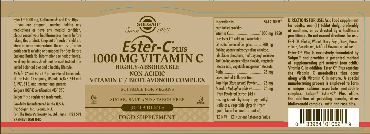 Solgar Ester-C Plus 1000 mg Vitamin C (Ascorbate Complex), 90 Tablets - Gentle On The Stomach & Non Acidic - Antioxidant & Immune System Support - Non GMO, Vegan, Gluten Free, Kosher - 90 Servings