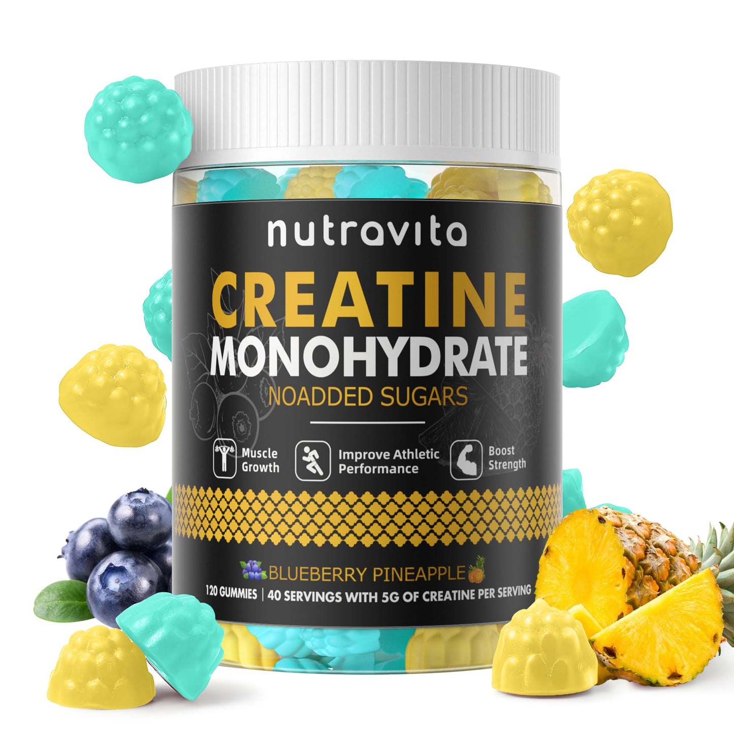 Nutravita Creatine Monohydrate Gummies for Men & Women-5g of Creatine Monohydrate per Serving - Sugar Free,Vegan,Blueberry Pineapple Flavor, 120 Count