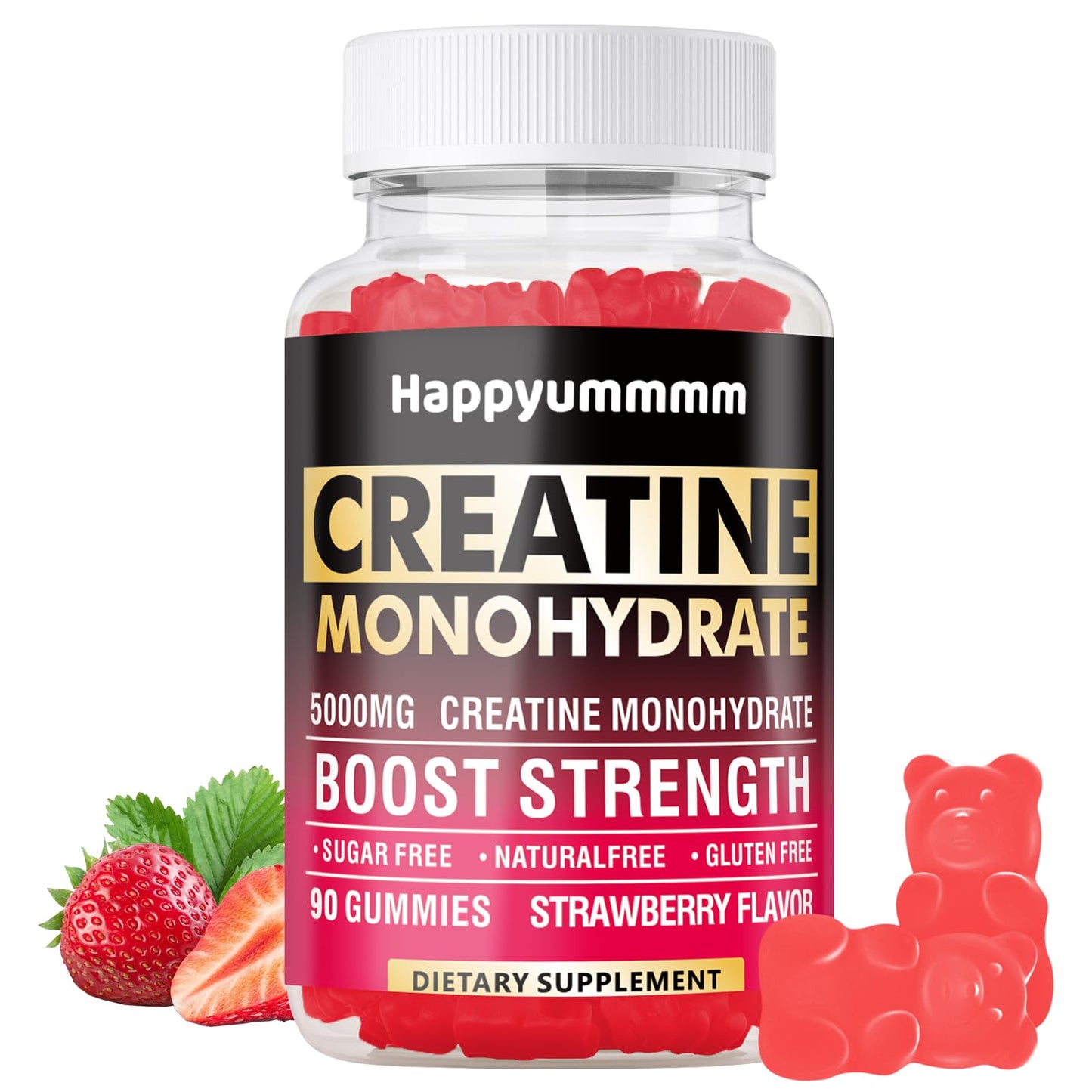 Happyummmm Creatine Monohydrate Gummies 5000mg for Men & Women, Chewables Creatine Monohydrate for Muscle Strength, Muscle Builder, Energy Boost, Pre-Workout Supplement(90 Count)-Strawberry