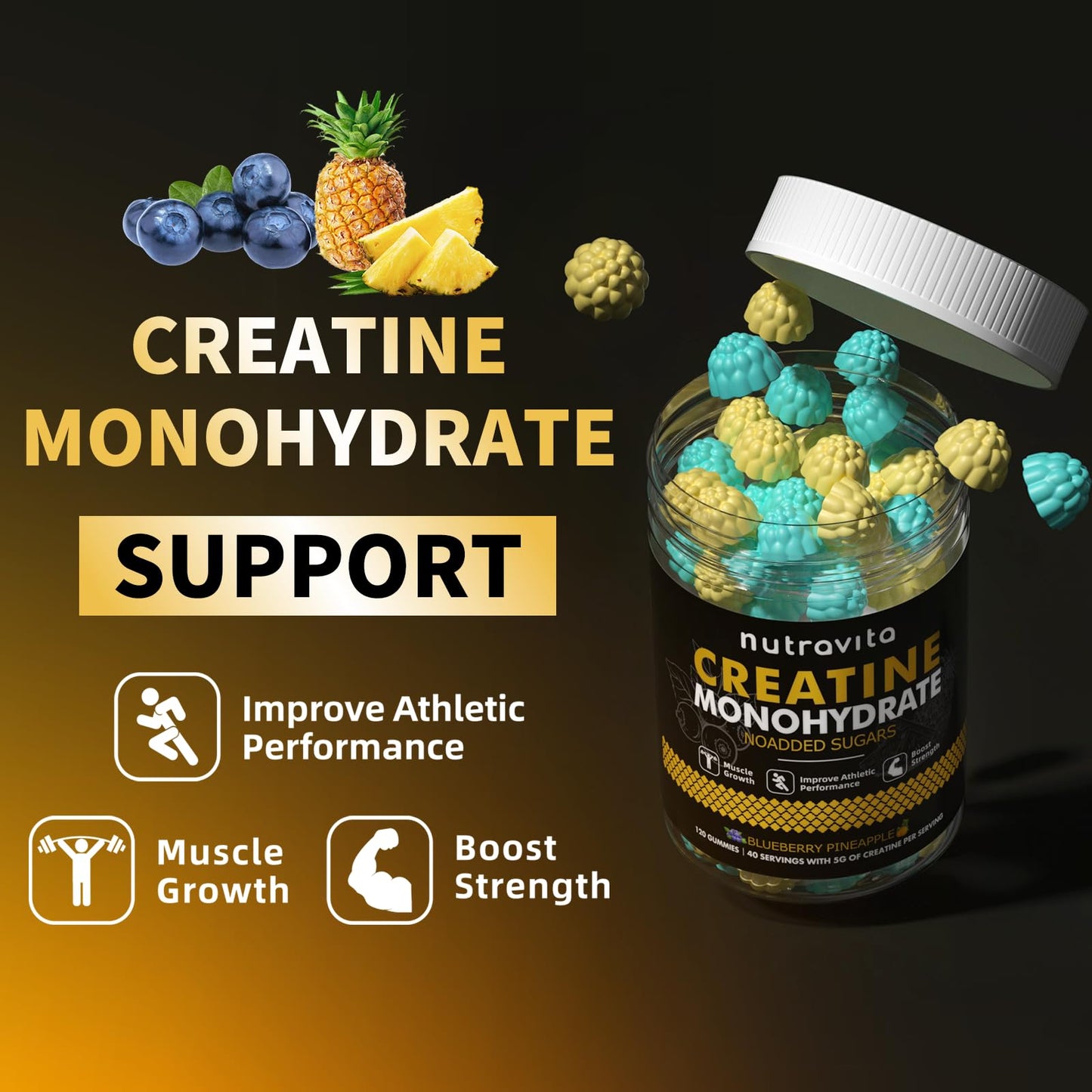 Nutravita Creatine Monohydrate Gummies for Men & Women-5g of Creatine Monohydrate per Serving - Sugar Free,Vegan,Blueberry Pineapple Flavor, 120 Count