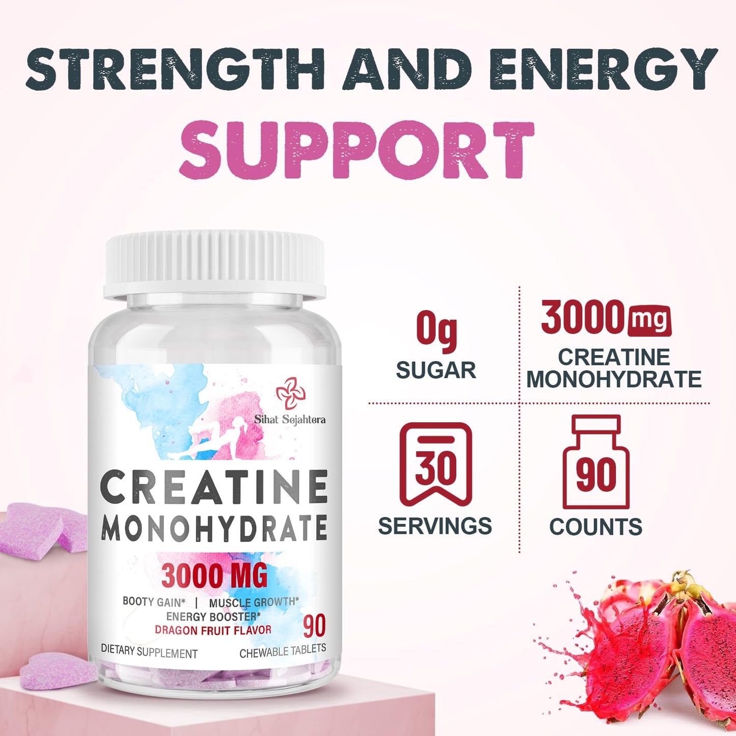 3000 MG Creatine Monohydrate for Women & Men, Creatine Pills with BCAA & Hydrolyzed Collagen Creatine Chews Tablets for Performance & Recovery, Strength, Dragon Fruit Flavor, 90 Tablets