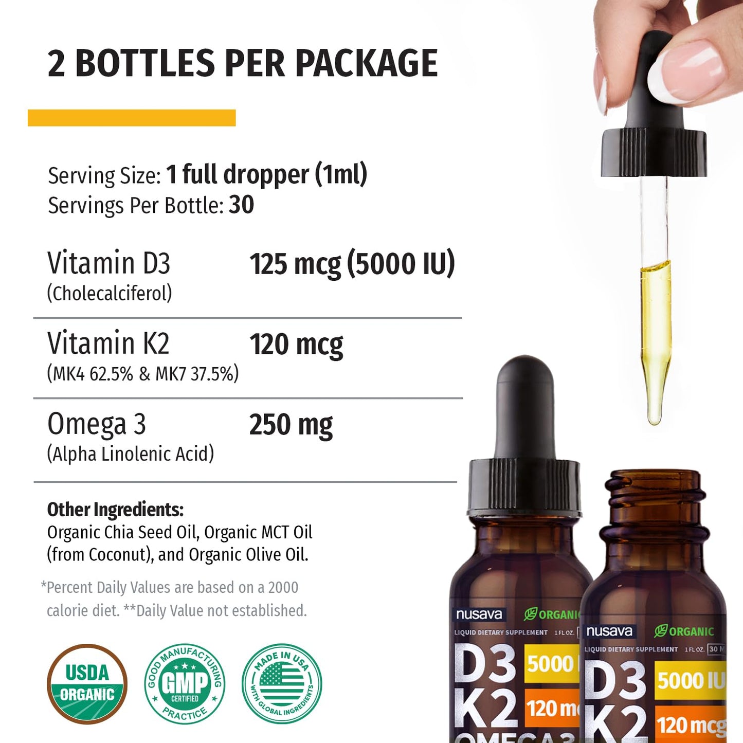 (2 Pack) Organic Vitamin D3 K2 Drops w MCT Oil Omega 3, 5000 IU, Vitamin D Liquid 5000 IU, No Fillers, Non-GMO Liquid D3 for Body’s Defenses & Faster Absorption, Unflavored, 2 Fl Oz Liquid Vitamin D3