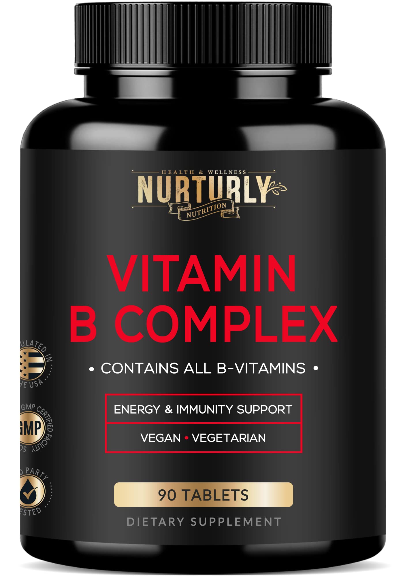 NURTURLY Vitamin B Complex - Contains All Essential B Vitamins - B1, B2, B3, B5, B6, B7, B9, B12 and Biotin - Super B Complex Vitamins for Energy, Immunity and Mood Support - 90 Tablets